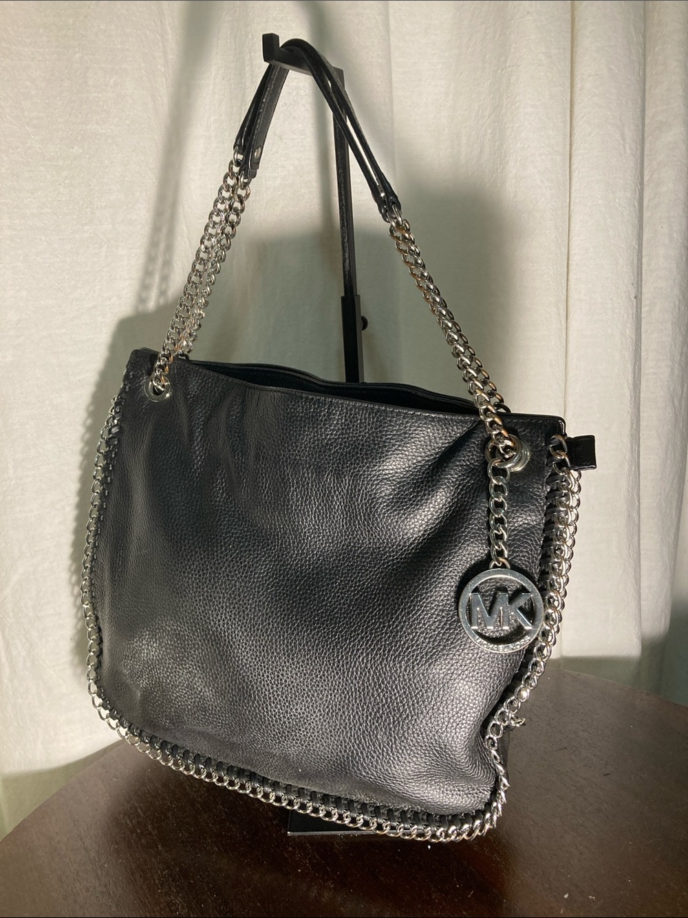 Michael Kors Black Leather Chelsea  Shoulder Bag with Silver Chain link  Trim